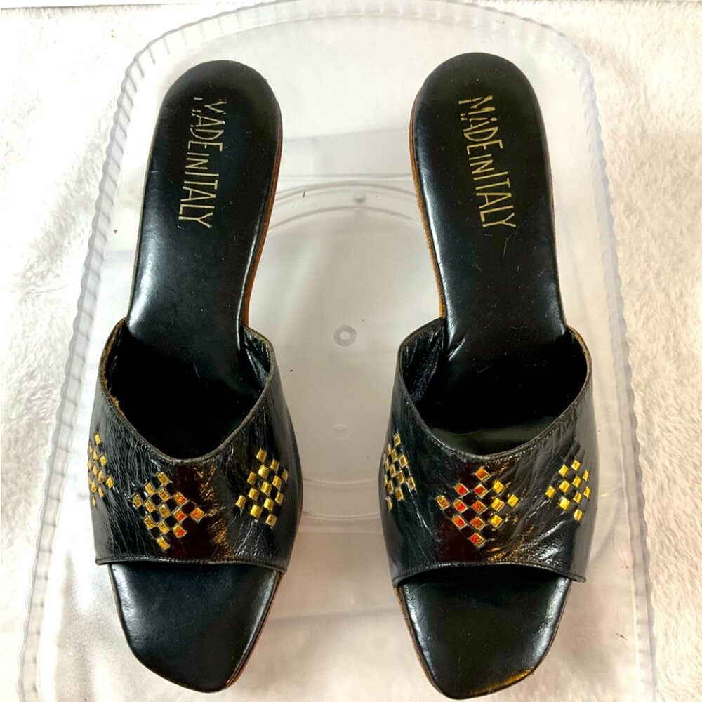 Black Leather Studded Brass Heels Slides Sandals Sz 8.5 Narrow made‎ in Italy